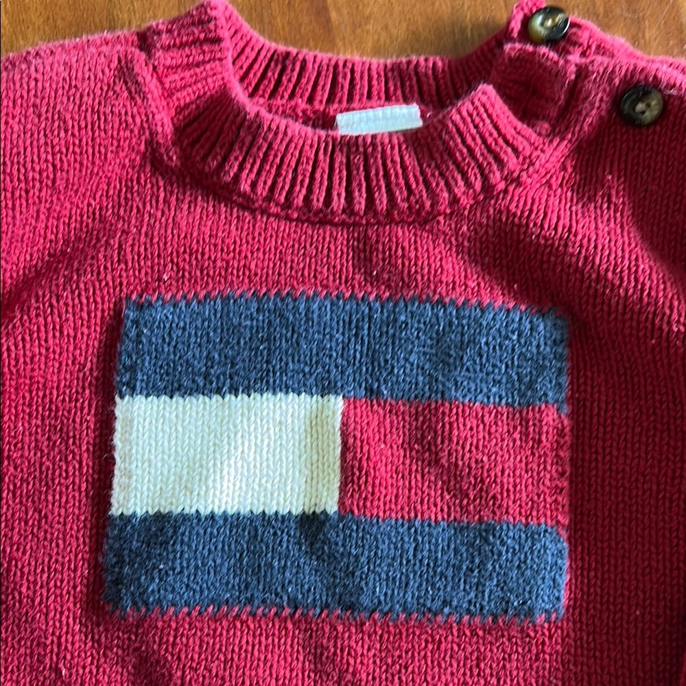 Tommy Hilfiger Red Knit Sweater with Flag Design 12-18 month size - Picture 2 of 7